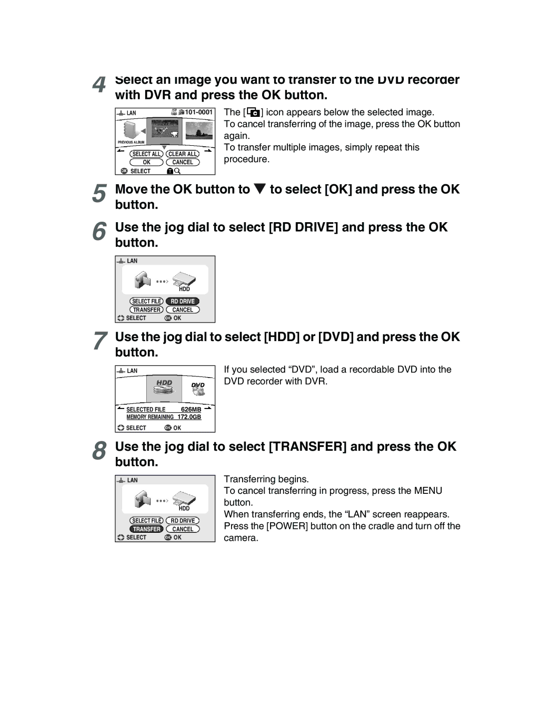 Toshiba GSC-R30 owner manual Use the jog dial to select Transfer and press the OK button 