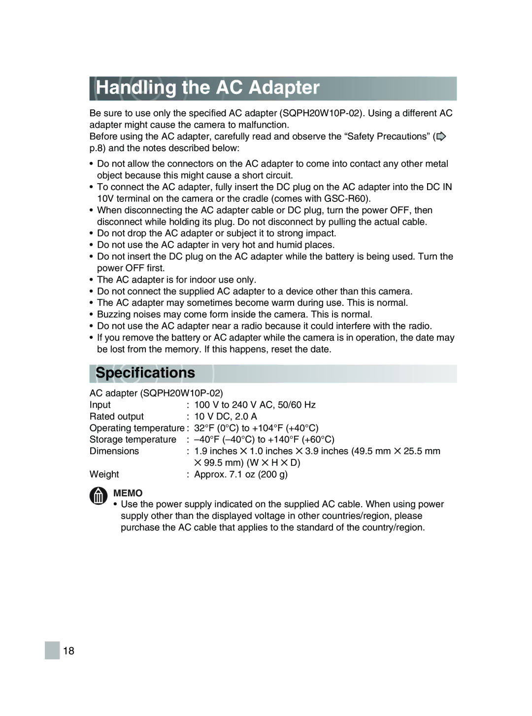 Toshiba GSC-R30 owner manual Handling the AC Adapter, Sp ec ifications 