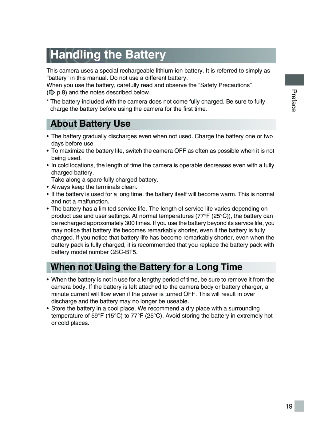 Toshiba GSC-R30 owner manual Handling the Battery, About Battery Use, Whe n not Using the Battery for a Long Time 