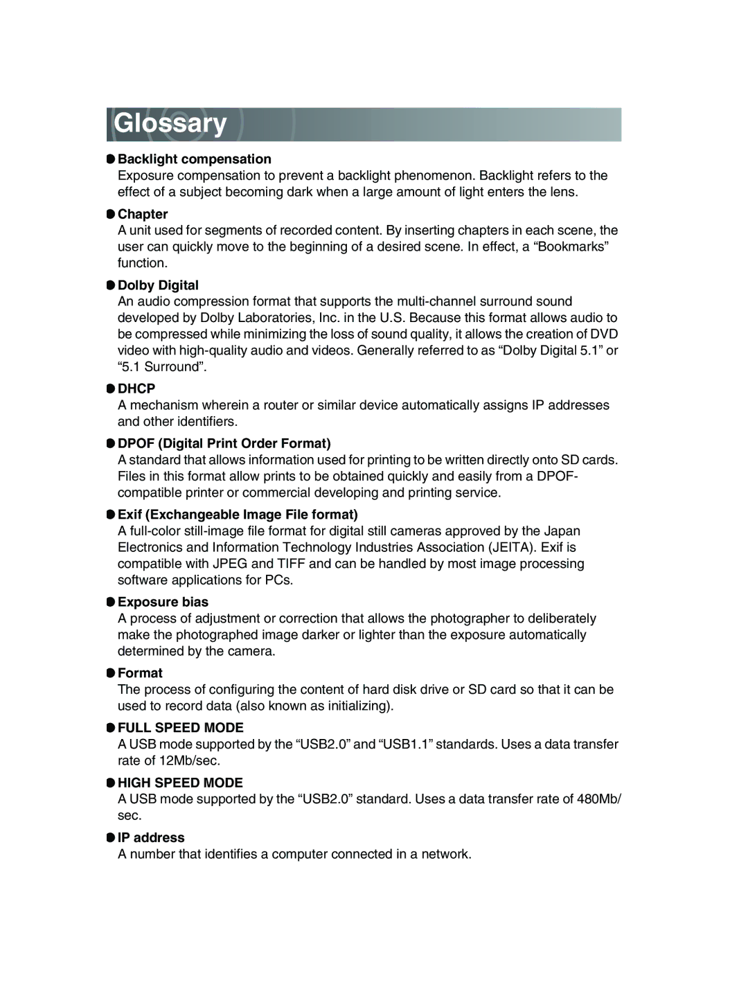 Toshiba GSC-R30 owner manual Glossary, Backlight compensation 