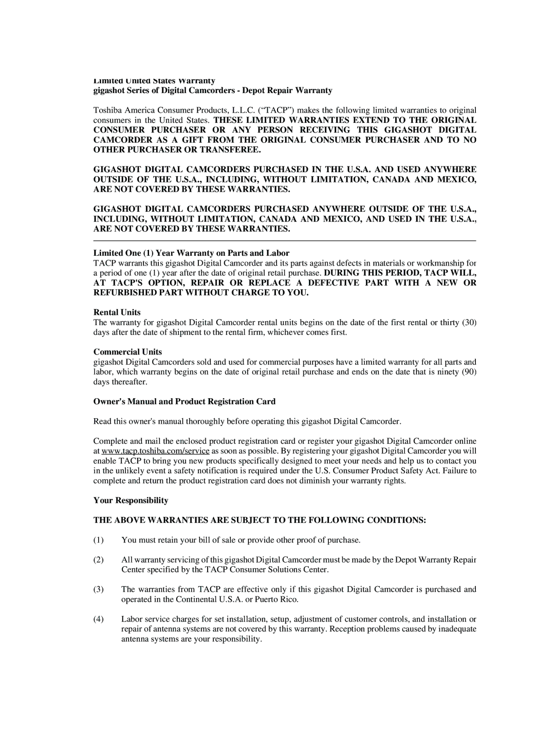 Toshiba GSC-R30 owner manual Above Warranties are Subject to the Following Conditions 