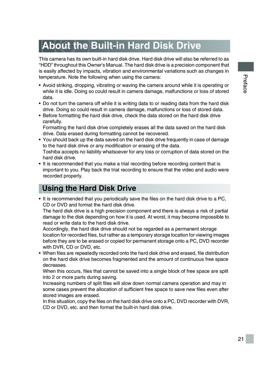 Toshiba GSC-R30 owner manual About the Built-in Hard Disk Drive, Us ing the Hard Disk Drive 