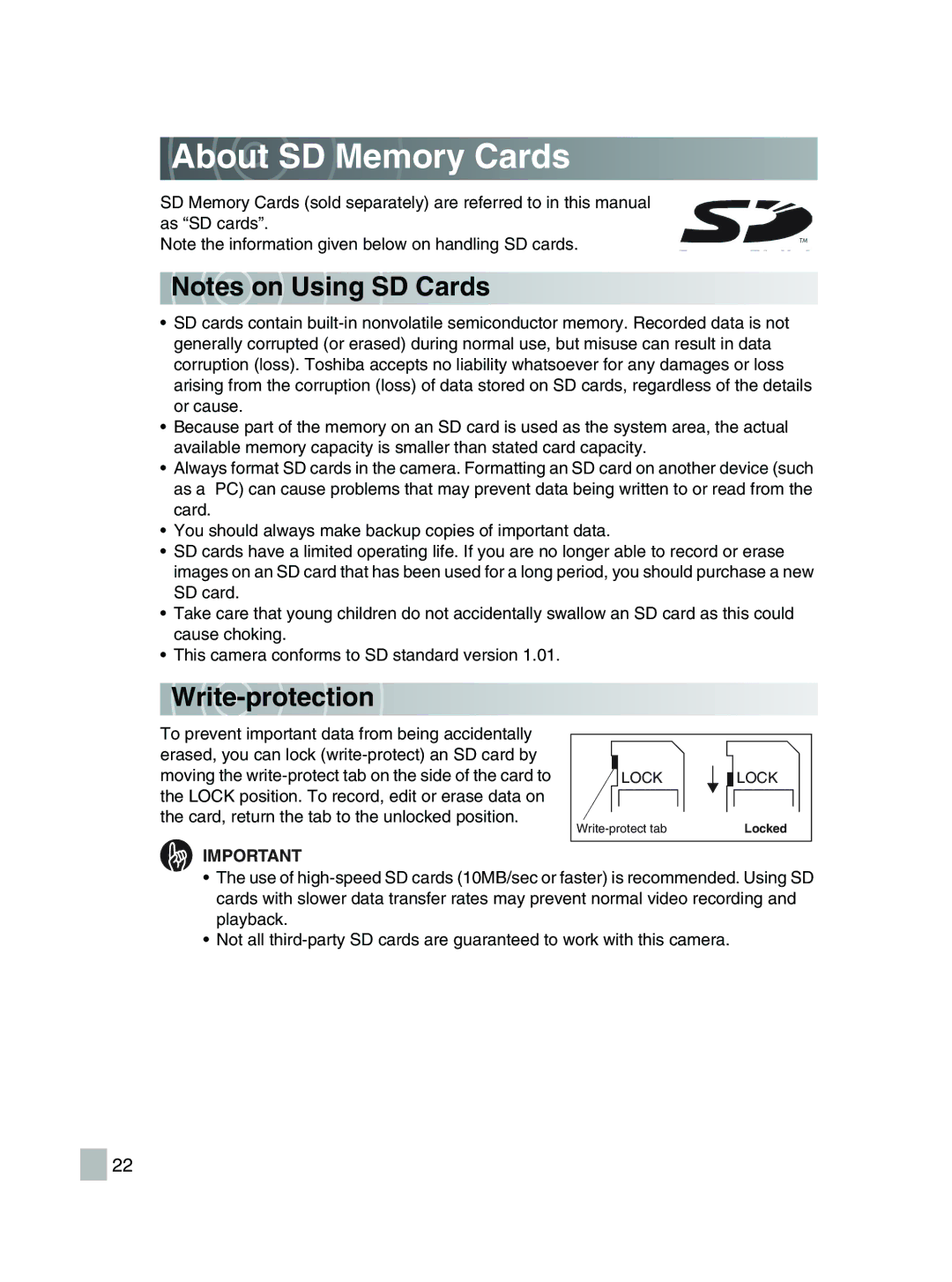 Toshiba GSC-R30 owner manual About SD Memory Cards 