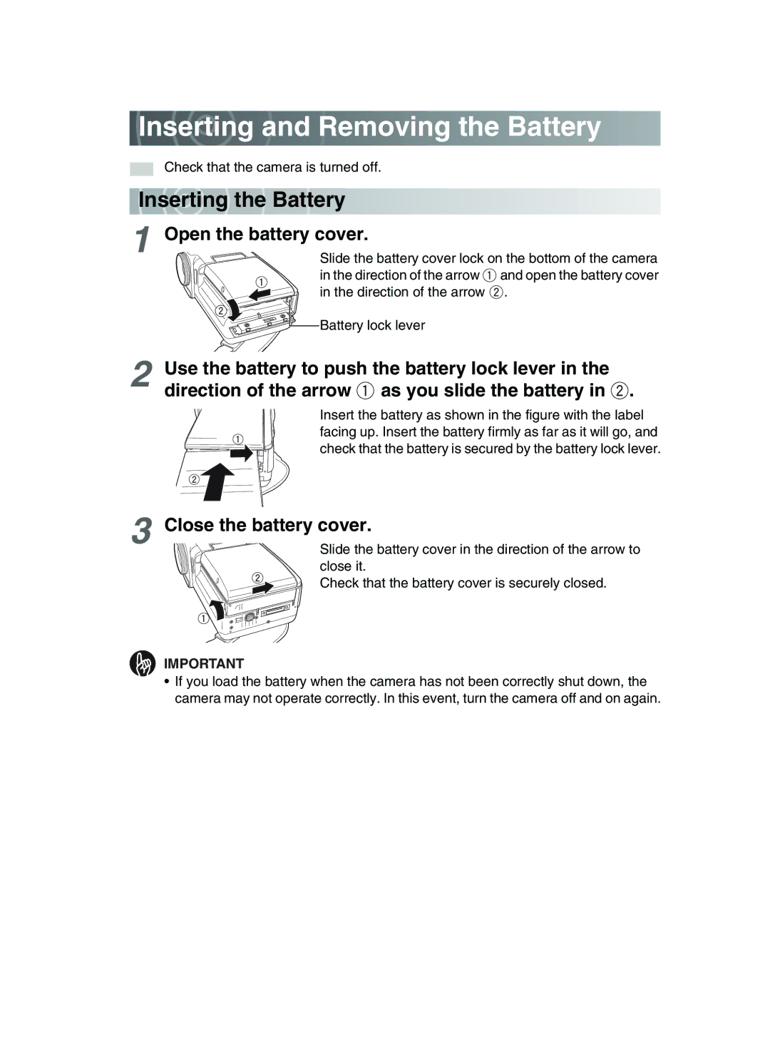 Toshiba GSC-R30 owner manual Inserting and Removing the Battery, Inser ting the Battery, Open the battery cover 