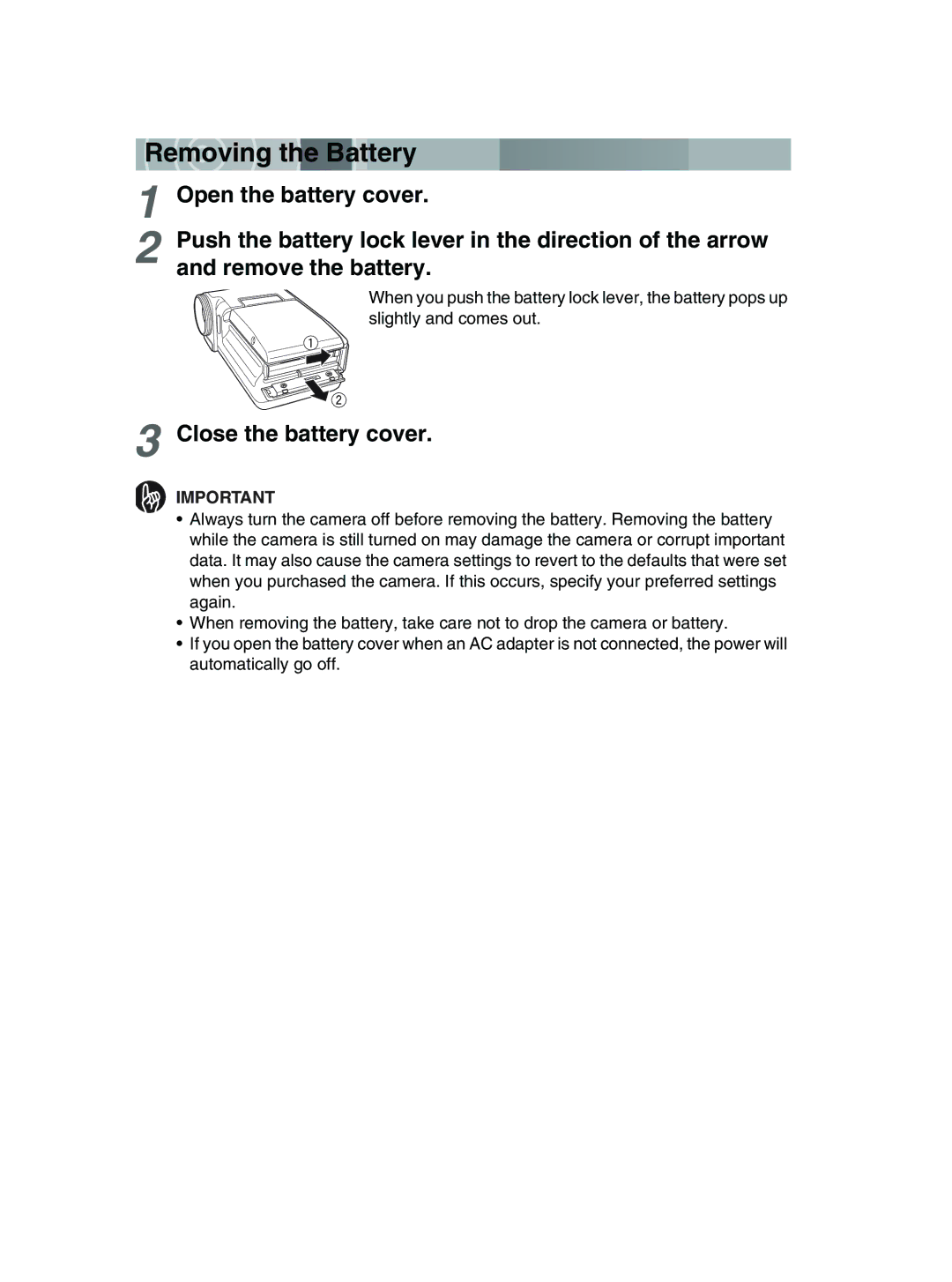 Toshiba GSC-R30 owner manual Re mo ving the Battery 