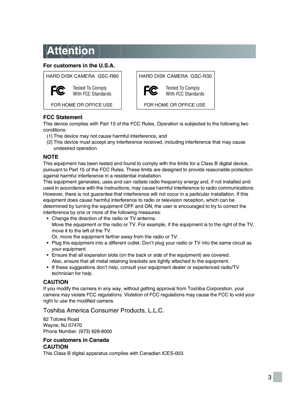 Toshiba GSC-R30 owner manual Toshiba America Consumer Products, L.L.C 