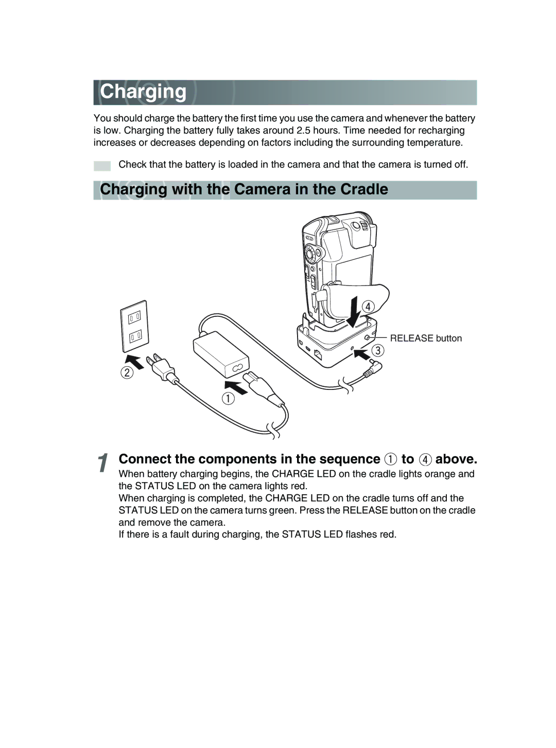 Toshiba GSC-R30 Charging, Char ging with the Camera in the Cradle, Connect the components in the sequence to above 