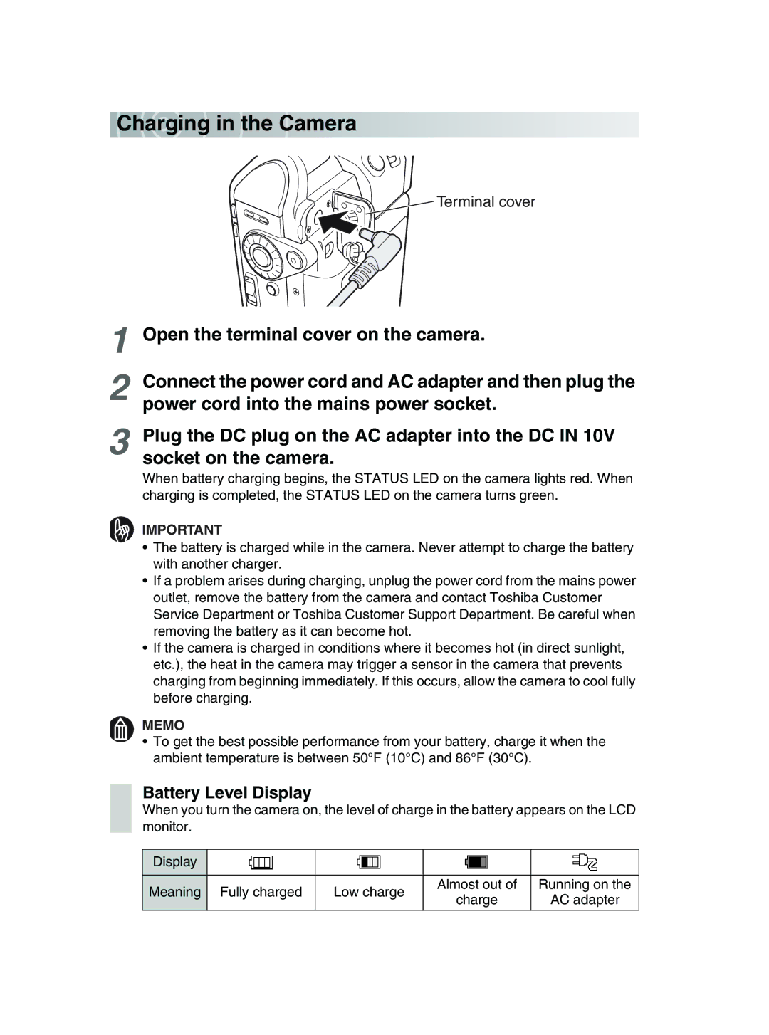 Toshiba GSC-R30 owner manual Char ging in the Camera, Battery Level Display 