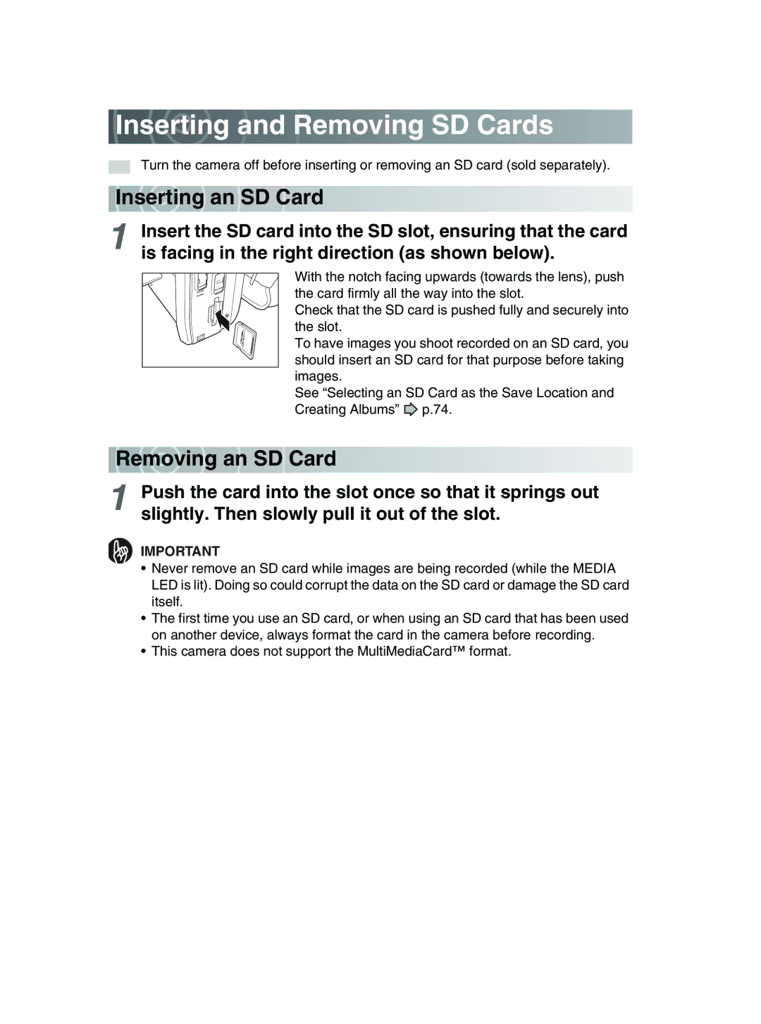 Toshiba GSC-R30 owner manual Inserting and Removing SD Cards, Inser ting an SD Card, Re mo ving an SD Card 