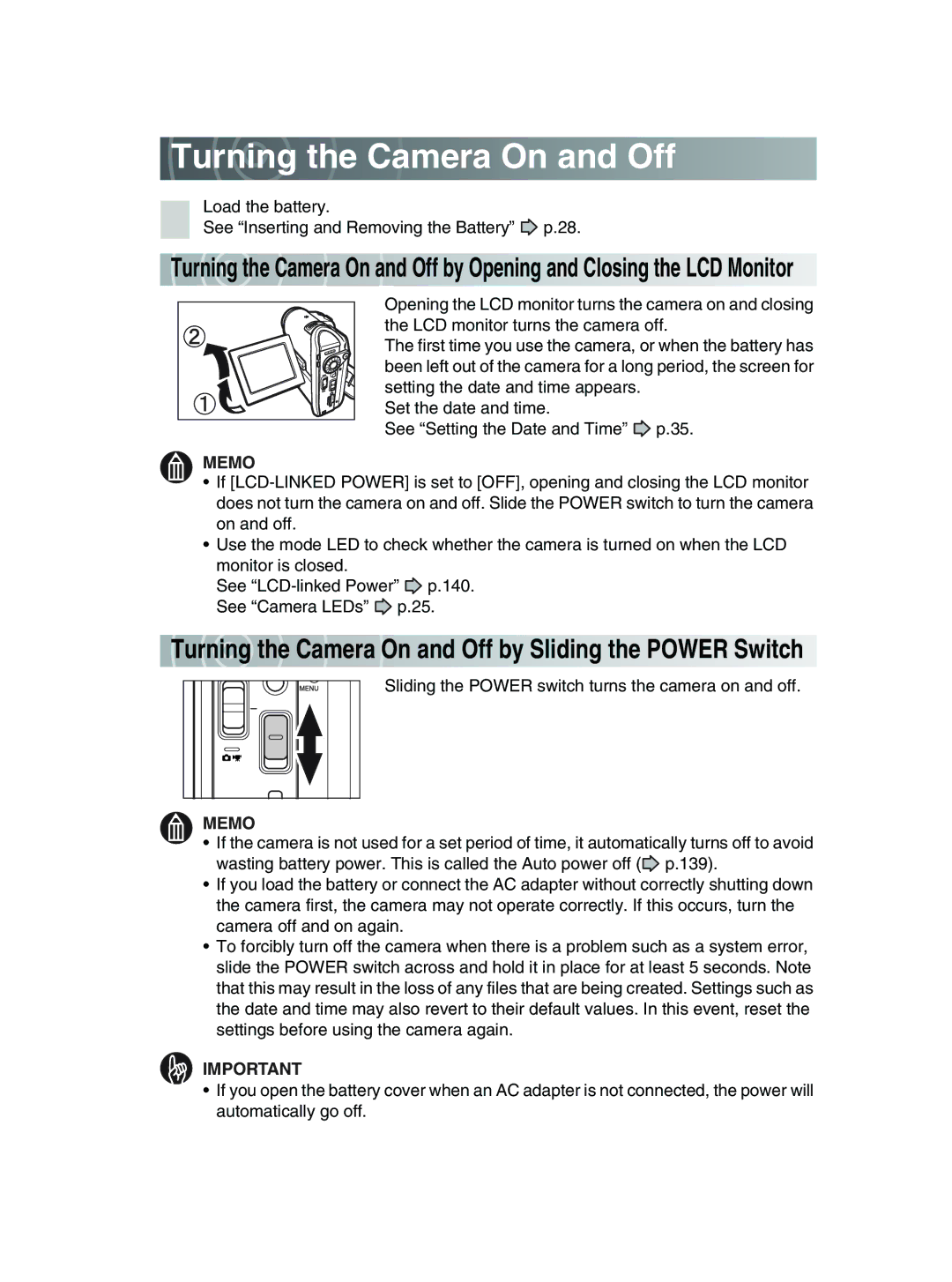 Toshiba GSC-R30 owner manual Turning the Camera On and Off, Turning the Ca mera On and Off by Sliding the Power Switch 