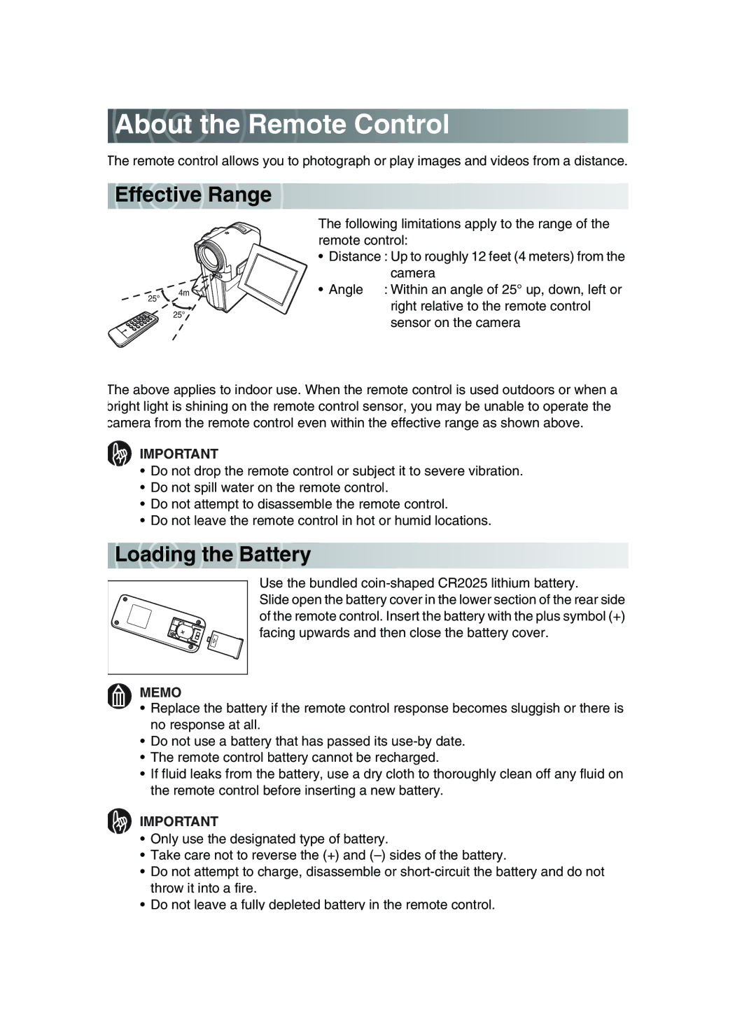 Toshiba GSC-R30 owner manual About the Remote Control, Effect ive Range, Lo a d ing the Battery 