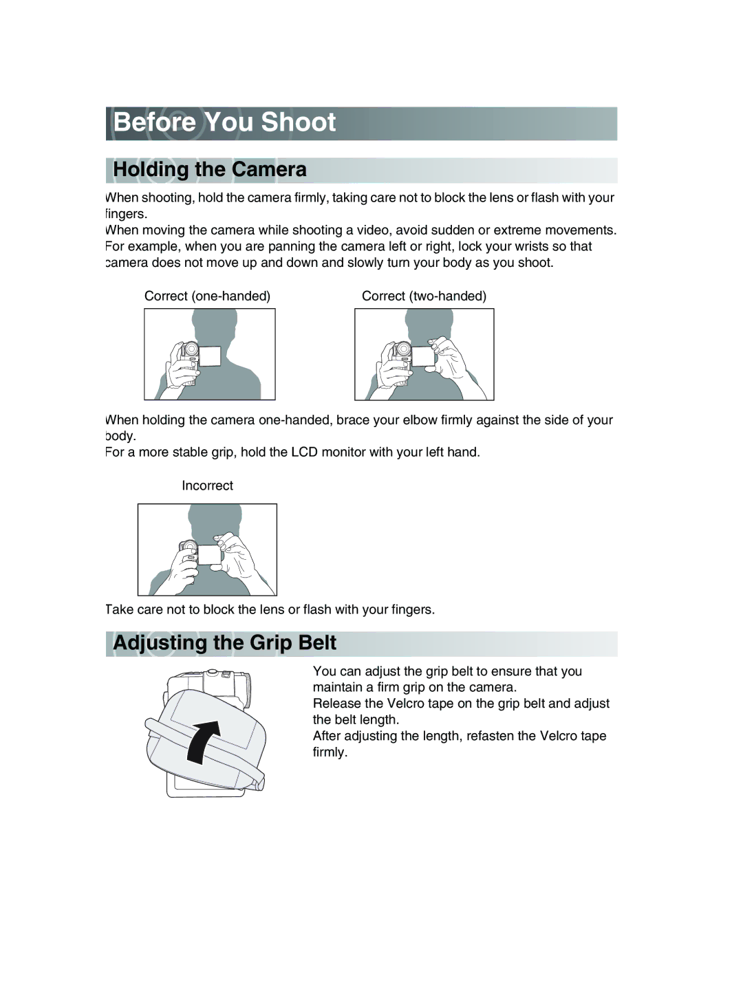 Toshiba GSC-R30 owner manual Before You Shoot, Holding the Cam era, Adjus ting th e Grip Belt 