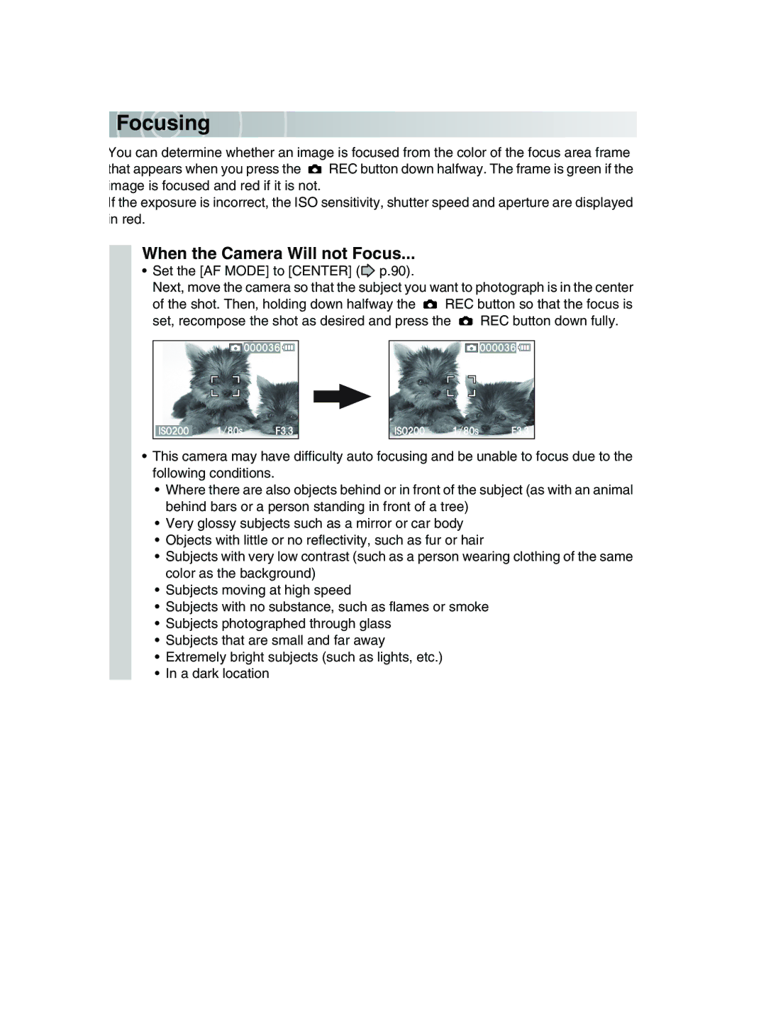 Toshiba GSC-R30 owner manual Fo c u sing, When the Camera Will not Focus 