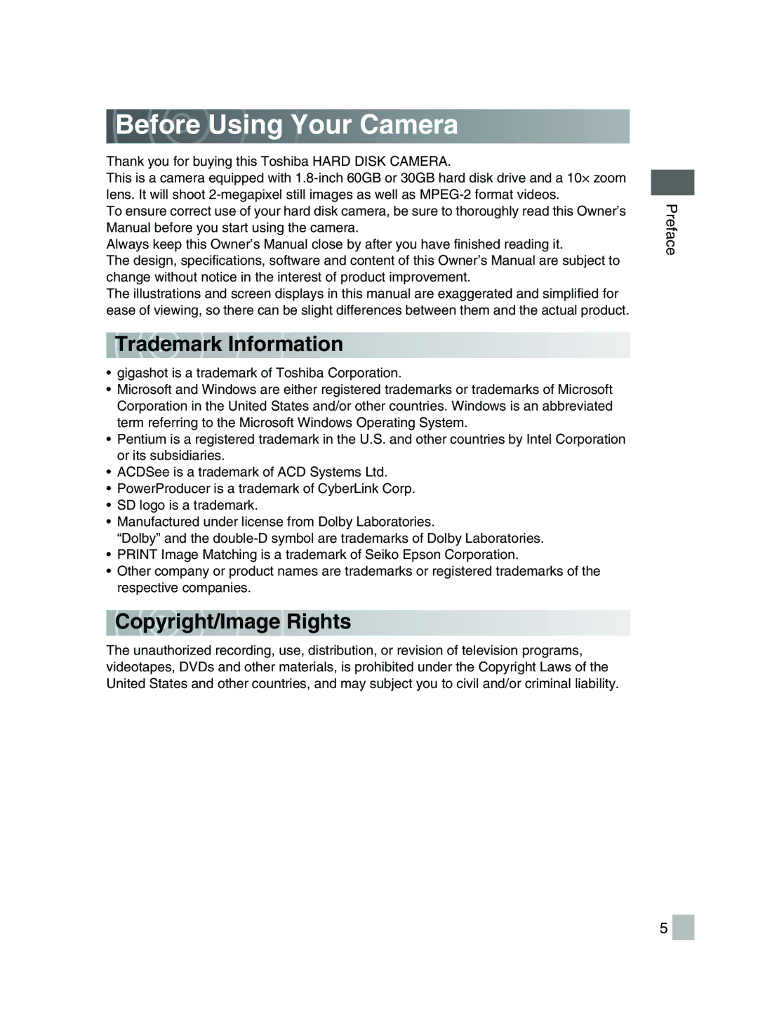 Toshiba GSC-R30 owner manual Before Using Your Camera, Tradema rk Information, Copyright /Image Rights 