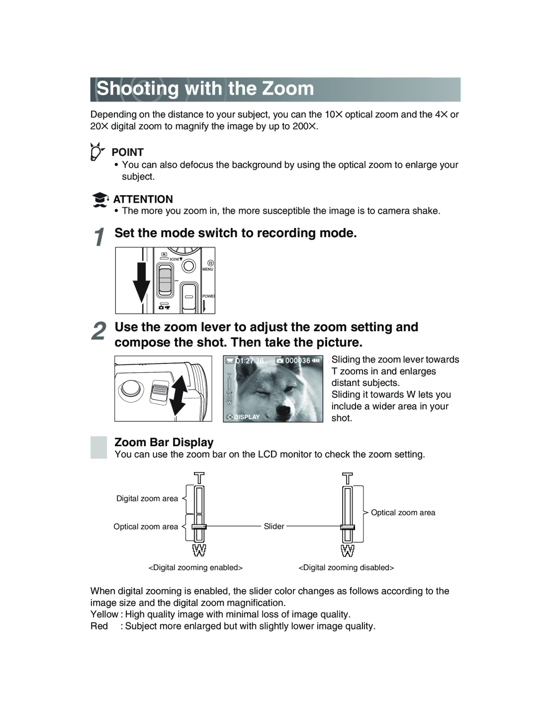 Toshiba GSC-R30 owner manual Shooting with the Zoom, Zoom Bar Display 