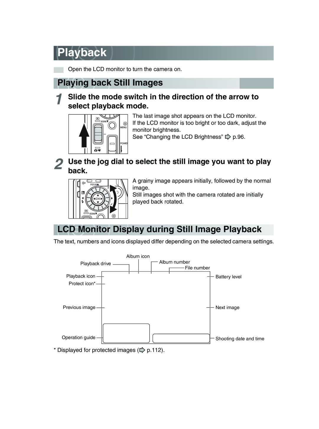 Toshiba GSC-R30 owner manual Playi ng back Still Images, LCD Monitor Display during Still Image Playback 