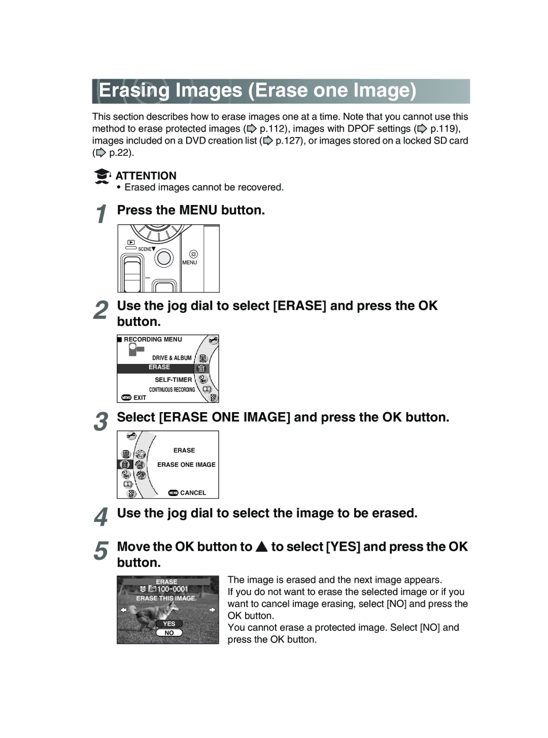 Toshiba GSC-R30 owner manual Erasing Images Erase one Image, Select Erase ONE Image and press the OK button 