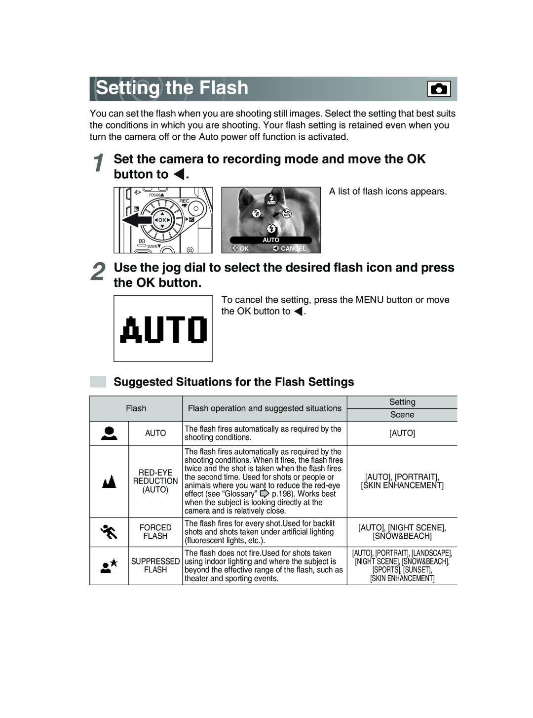 Toshiba GSC-R30 owner manual Setting the Flash, Suggested Situations for the Flash Settings 