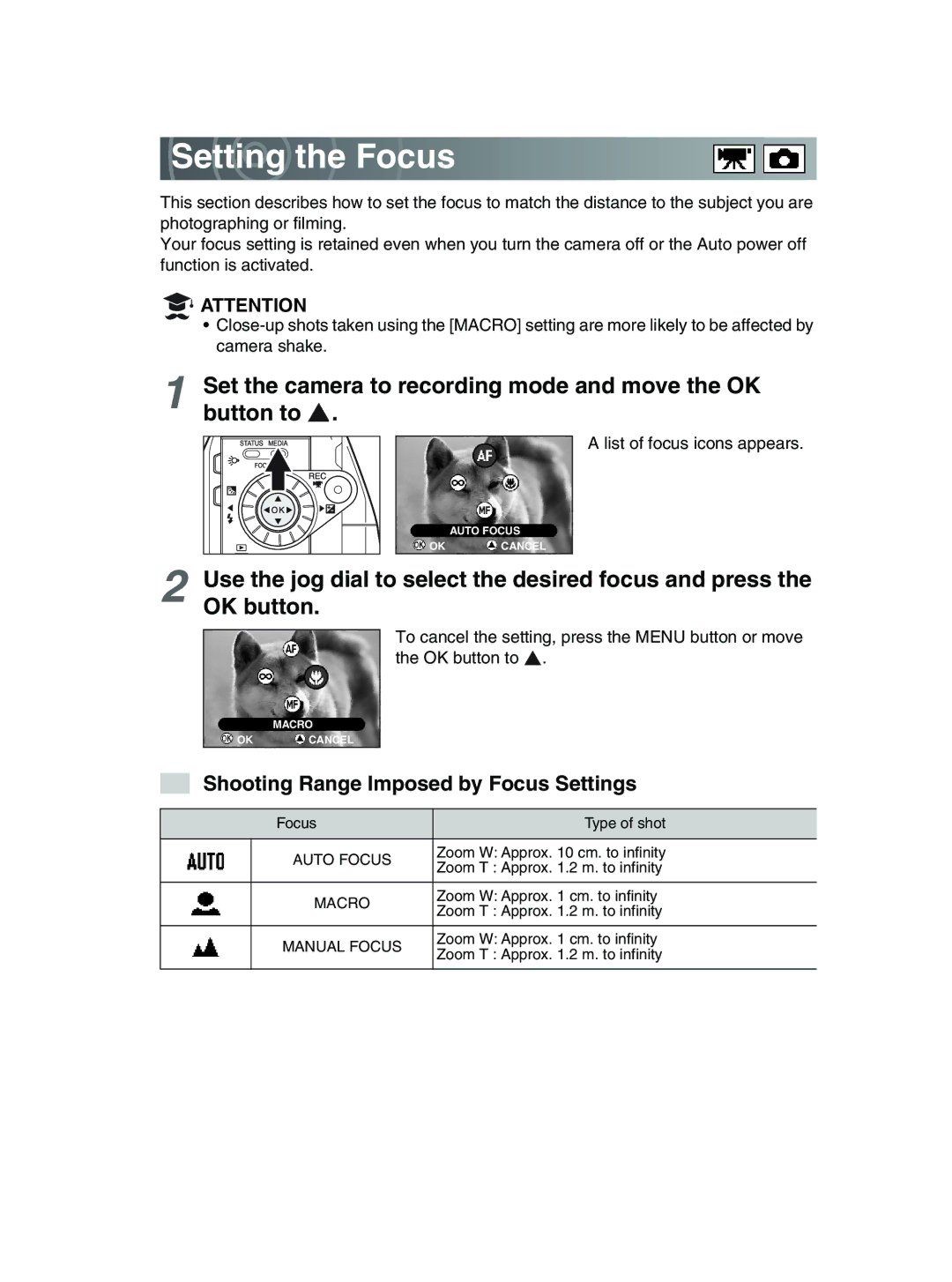 Toshiba GSC-R30 owner manual Setting the Focus, Shooting Range Imposed by Focus Settings 