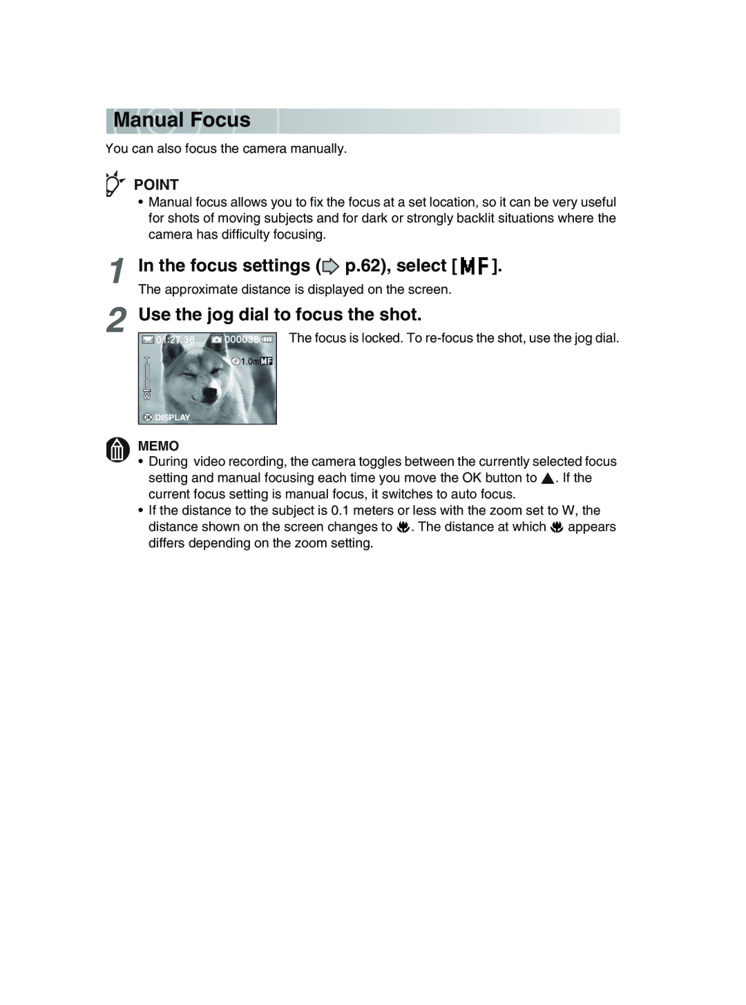 Toshiba GSC-R30 owner manual Anual Focus, Focus settings p.62, select, Use the jog dial to focus the shot 