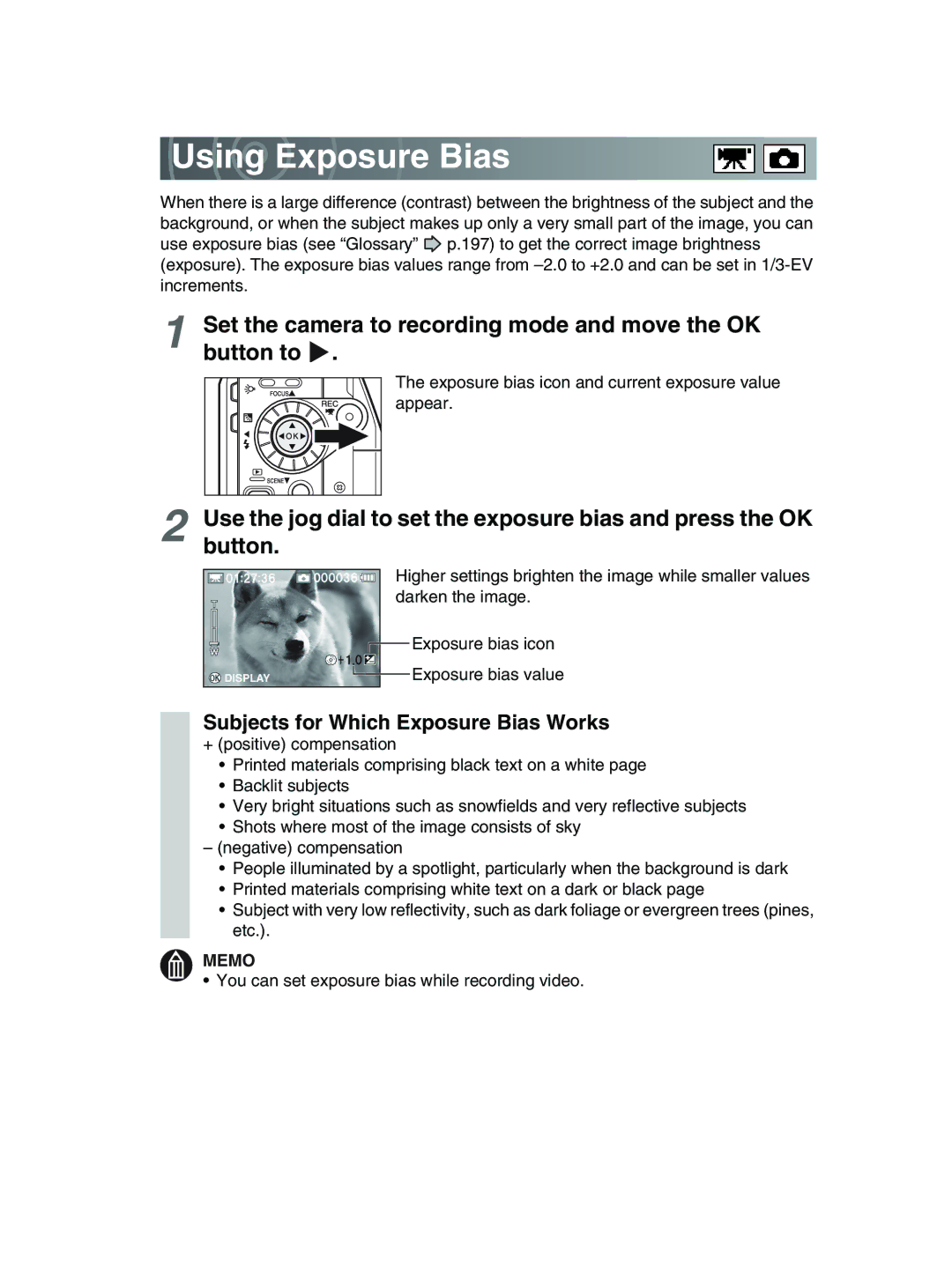 Toshiba GSC-R30 owner manual Using Exposure Bias, Subjects for Which Exposure Bias Works 