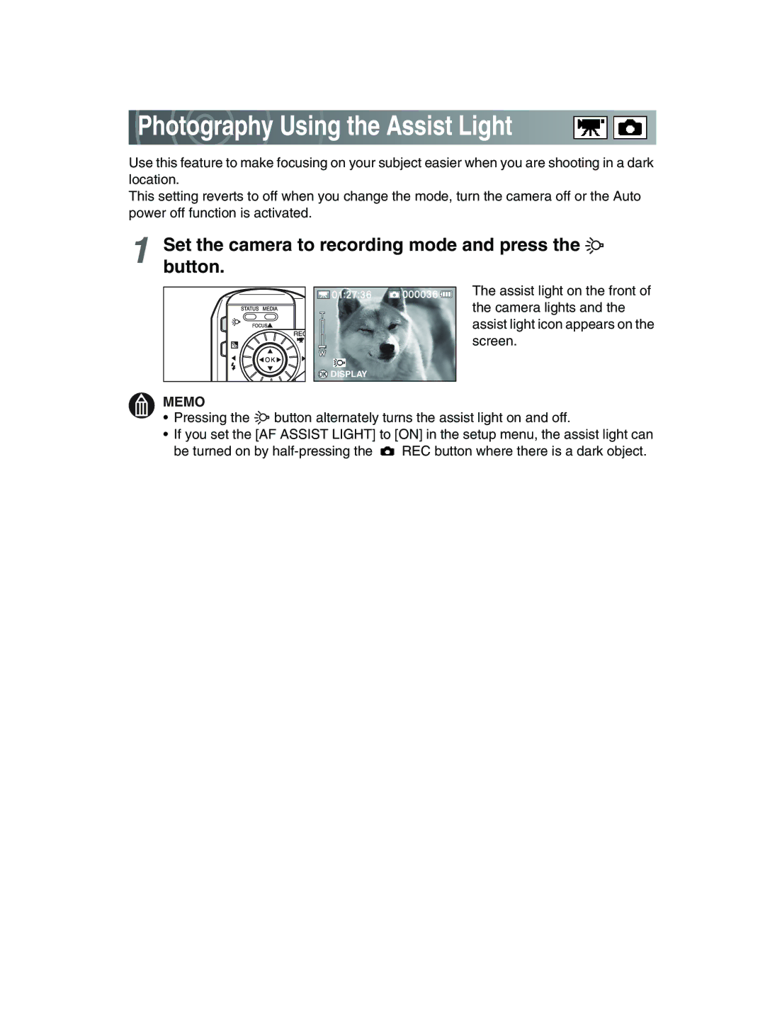 Toshiba GSC-R30 owner manual Photography Using the Assist Light 