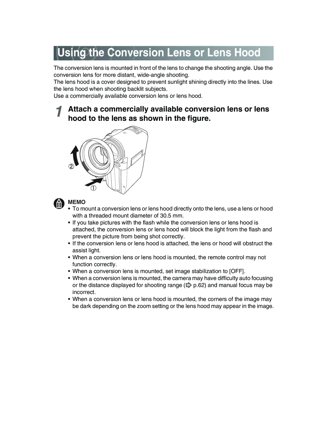 Toshiba GSC-R30 owner manual Using the Conversion Lens or Lens Hood 