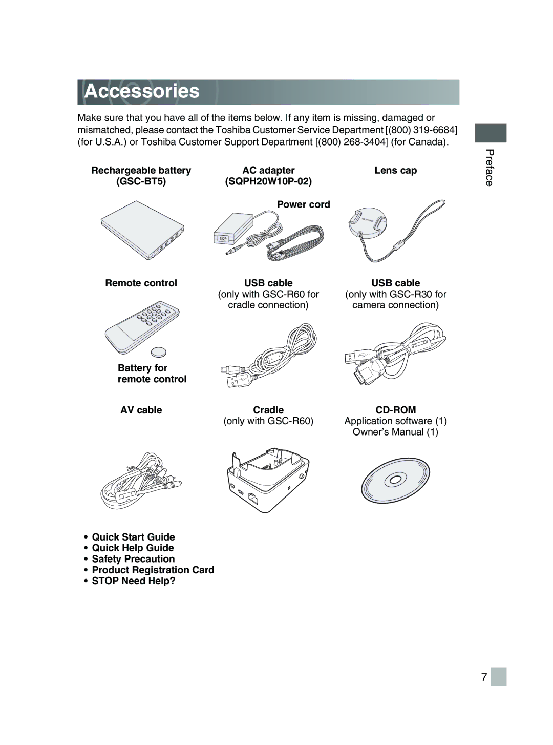 Toshiba GSC-R30 owner manual Accessories, Cd-Rom 