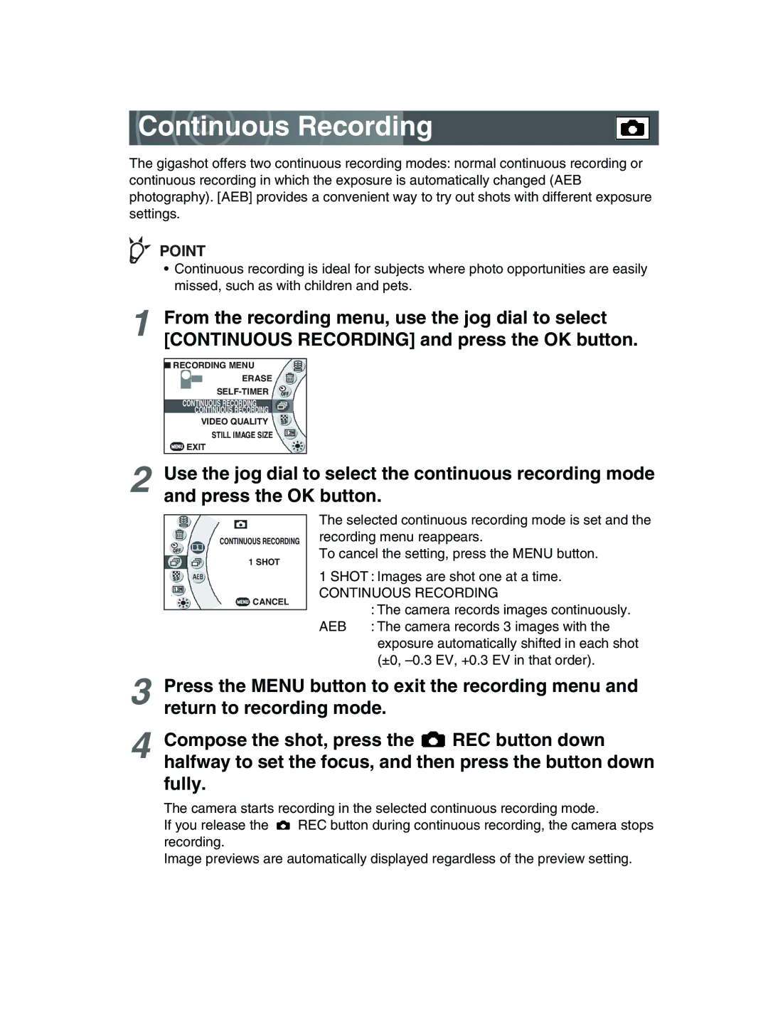 Toshiba GSC-R30 owner manual Continuous Recording 