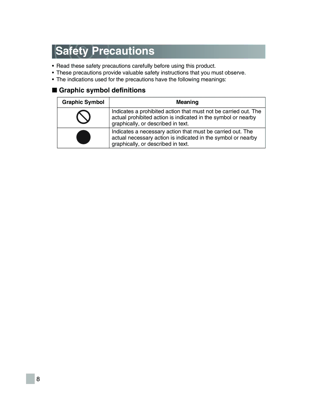 Toshiba GSC-R30 owner manual Safety Precautions, Graphic symbol definitions 