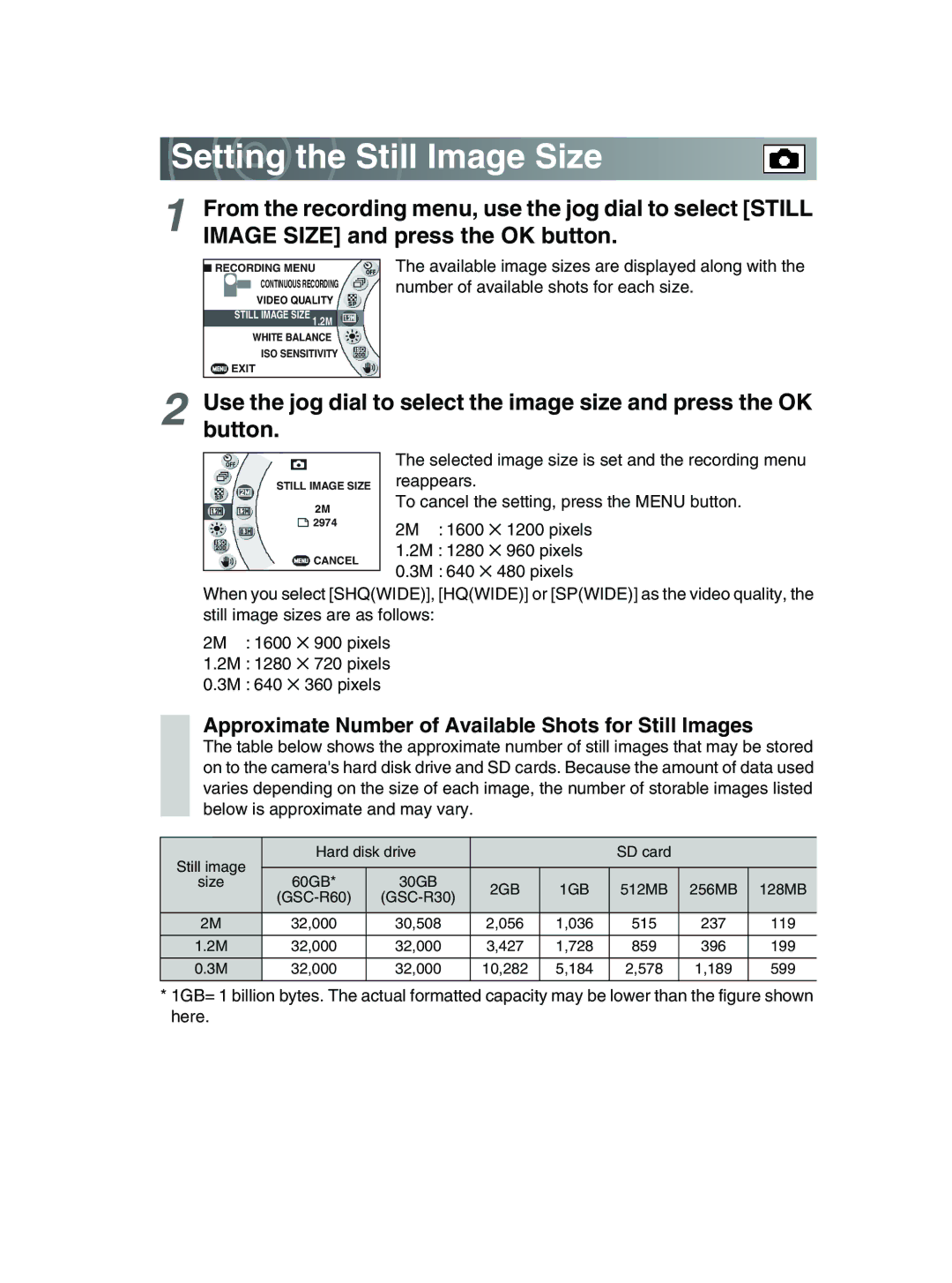 Toshiba GSC-R30 owner manual Setting the Still Image Size, Approximate Number of Available Shots for Still Images 