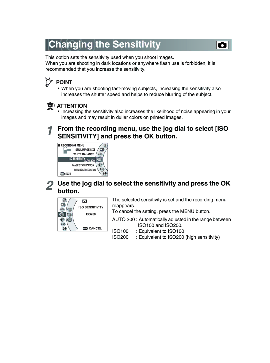 Toshiba GSC-R30 owner manual Changing the Sensitivity 