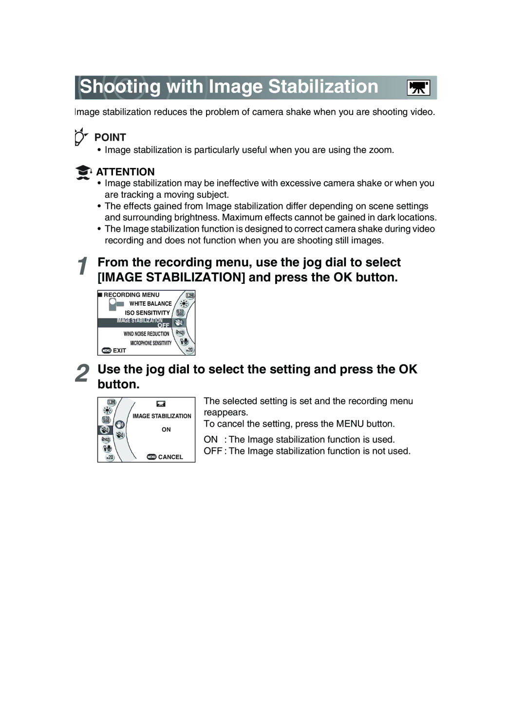 Toshiba GSC-R30 owner manual Shooting with Image Stabilization 