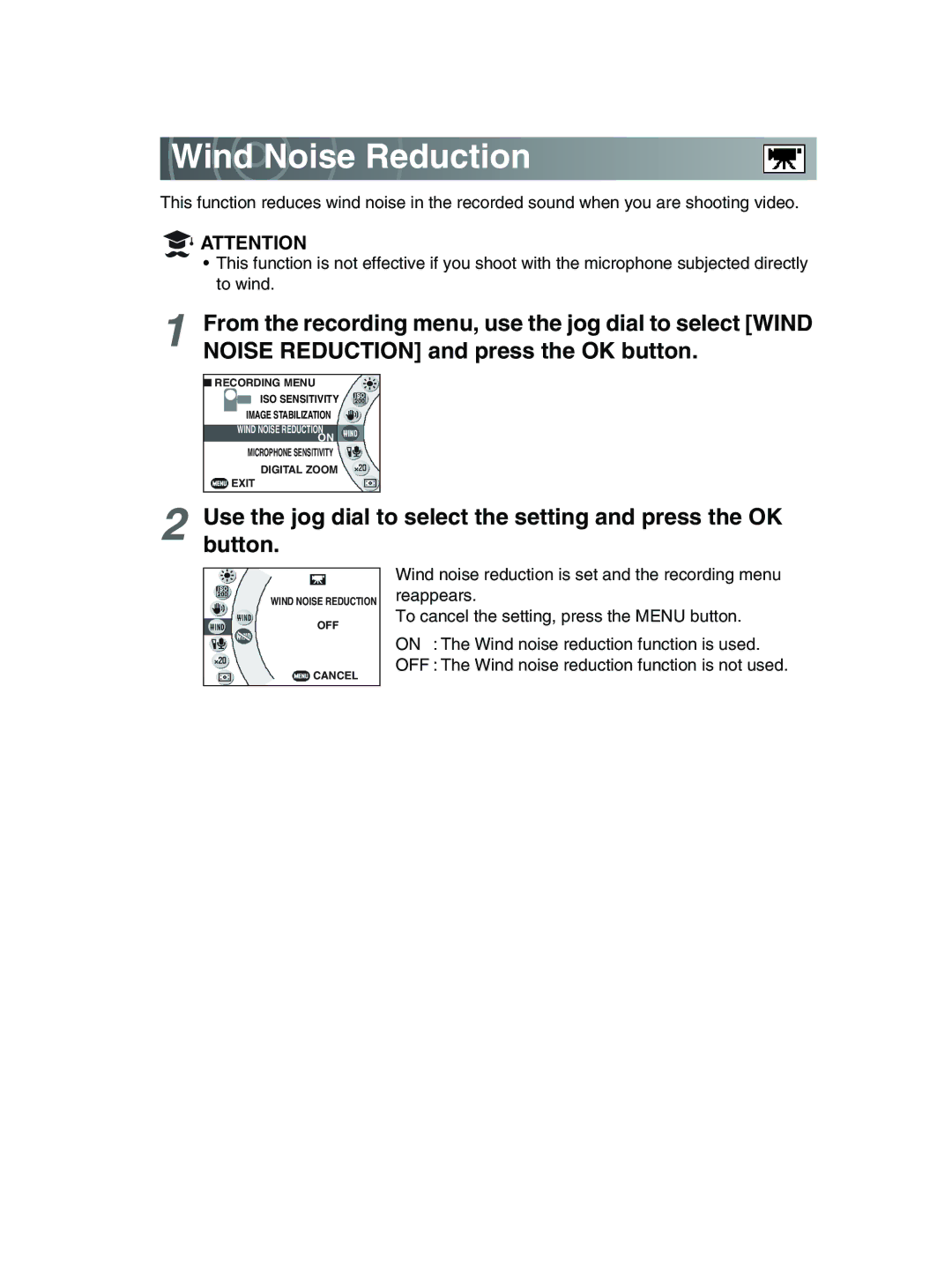 Toshiba GSC-R30 owner manual Wind Noise Reduction 