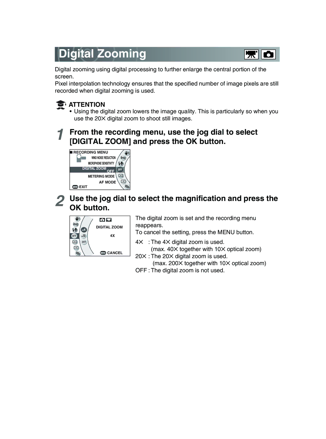 Toshiba GSC-R30 owner manual Digital Zooming 