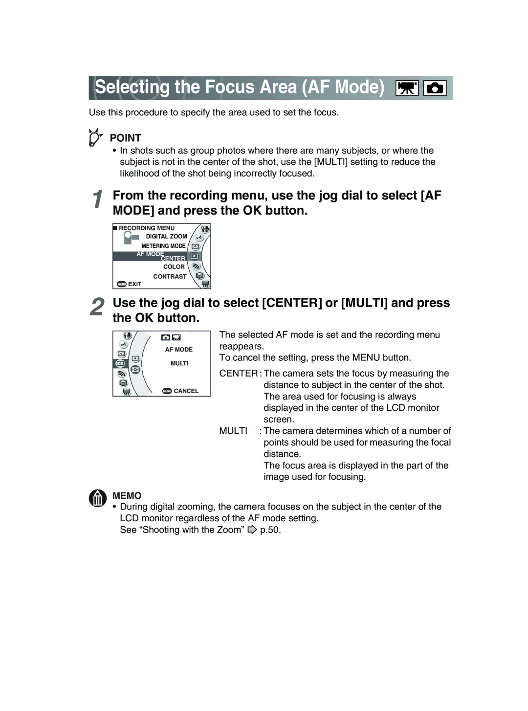 Toshiba GSC-R30 owner manual Selecting the Focus Area AF Mode 