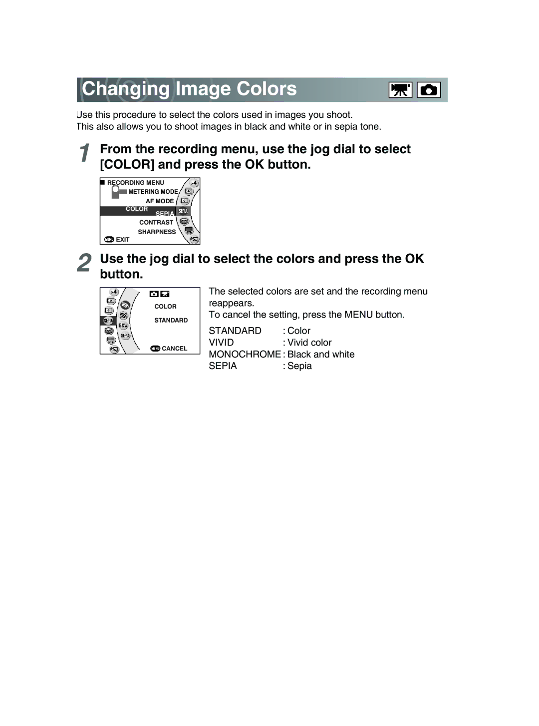 Toshiba GSC-R30 owner manual Changing Image Colors, Standard, Vivid 