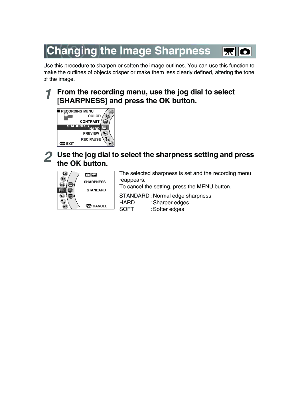 Toshiba GSC-R30 owner manual Changing the Image Sharpness 