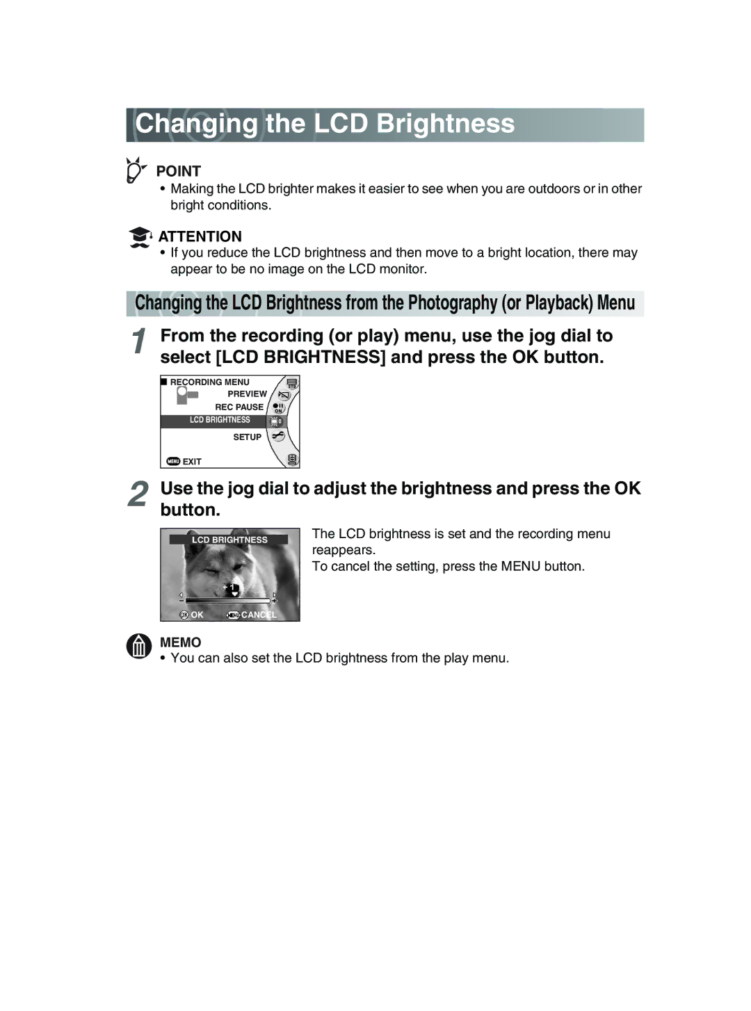 Toshiba GSC-R30 owner manual Changing the LCD Brightness 