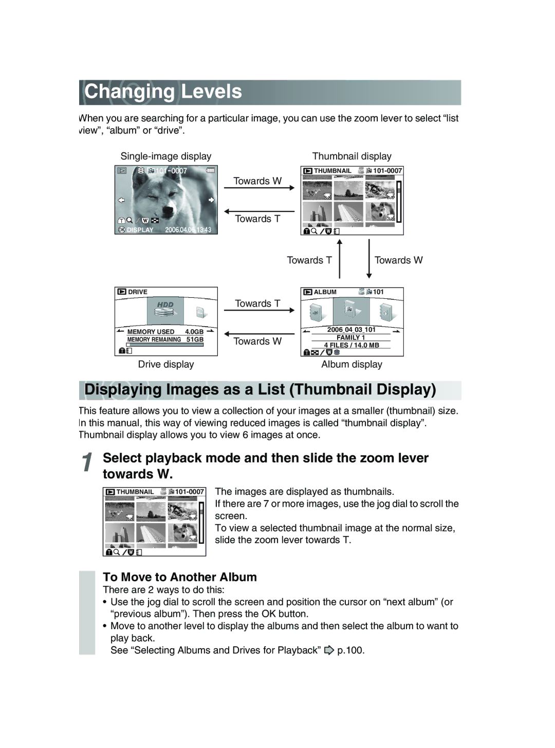 Toshiba GSC-R30 owner manual Changing Levels, Displaying Images as a List Thumbnail Display, To Move to Another Album 