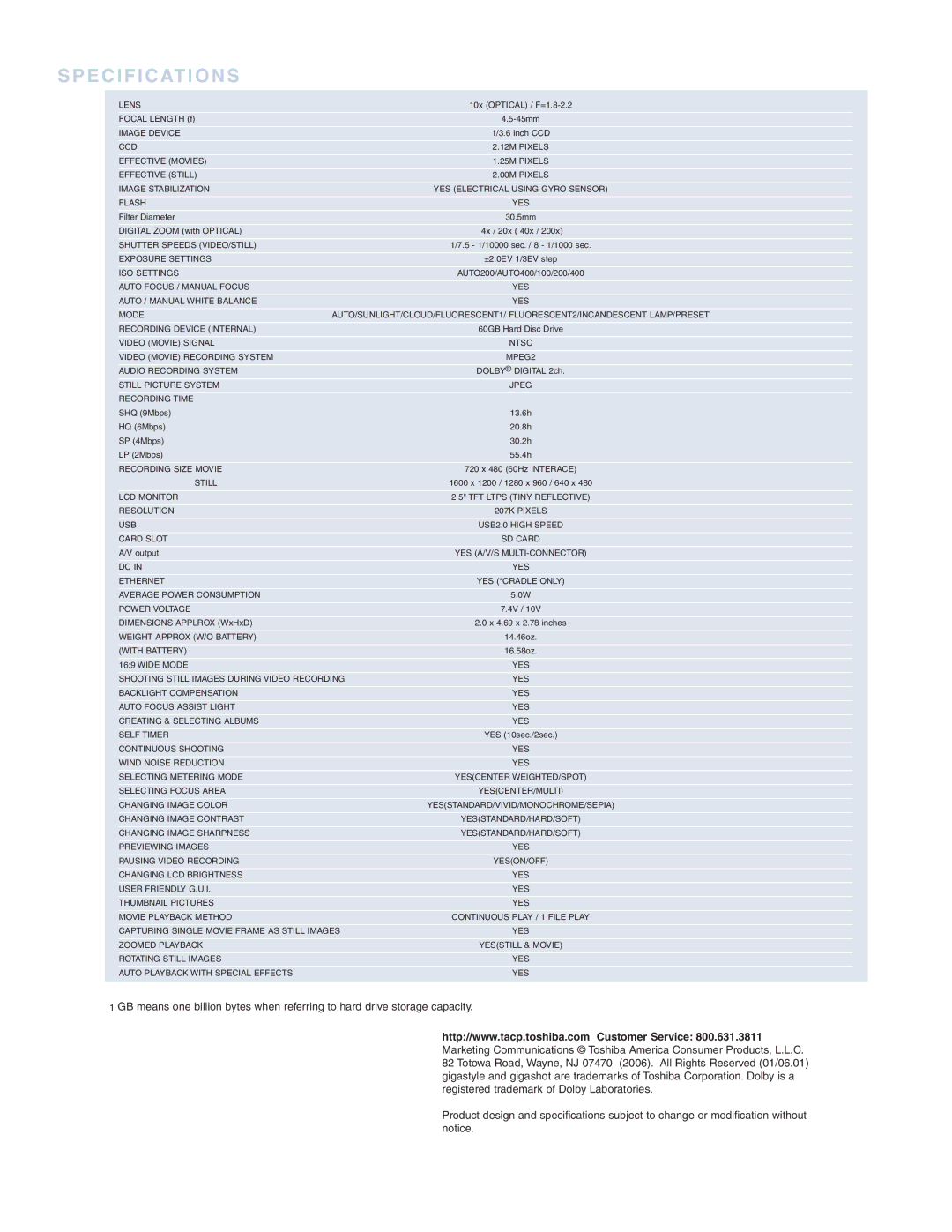 Toshiba GSC-R60 manual Specifications 