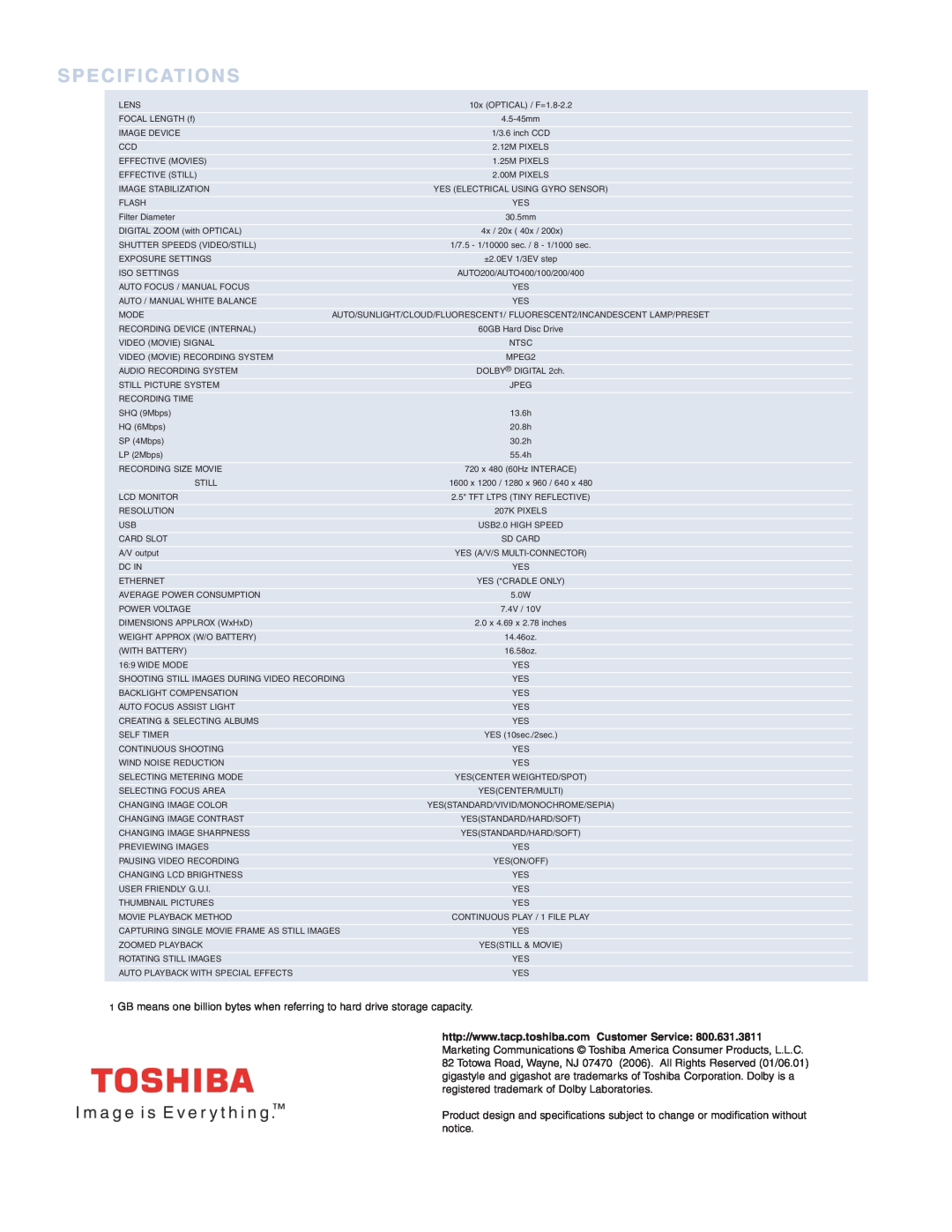 Toshiba GSC-R60 manual Specifications 