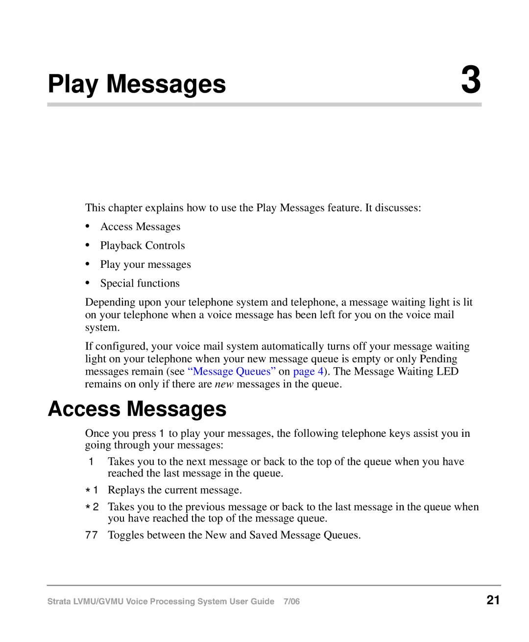 Toshiba GVMU/LVMU manual Play Messages, Access Messages 