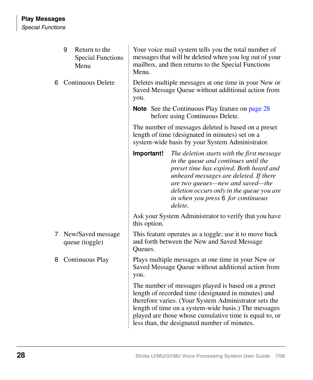 Toshiba GVMU/LVMU manual Return to the Special Functions Menu Continuous Delete 