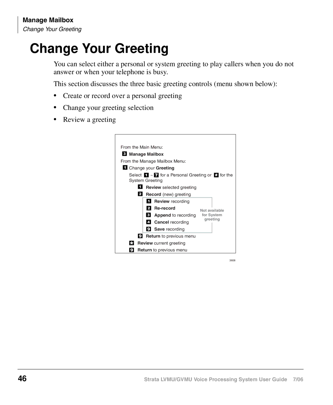 Toshiba GVMU/LVMU manual Change Your Greeting, Manage Mailbox 