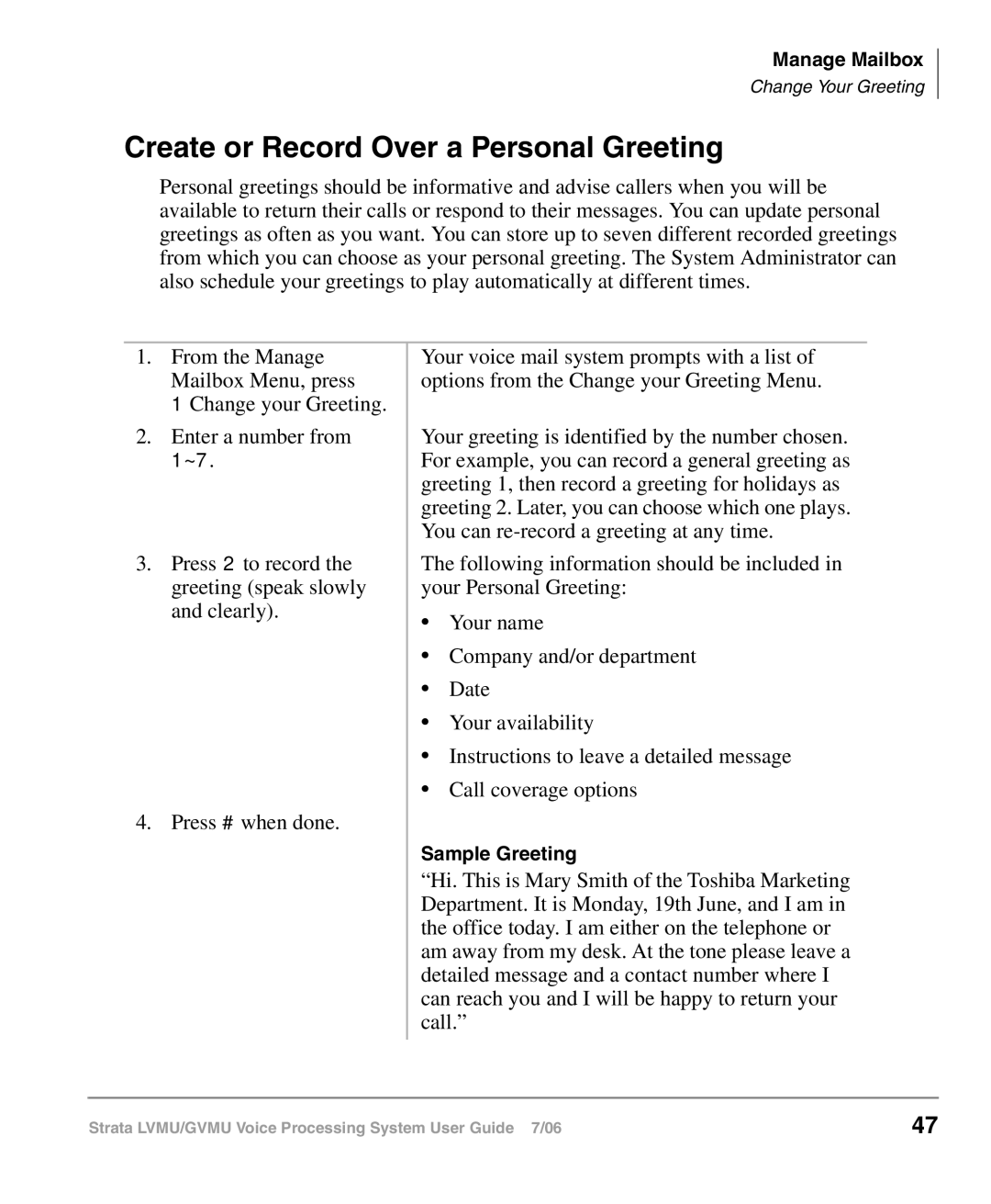 Toshiba GVMU/LVMU manual Create or Record Over a Personal Greeting 