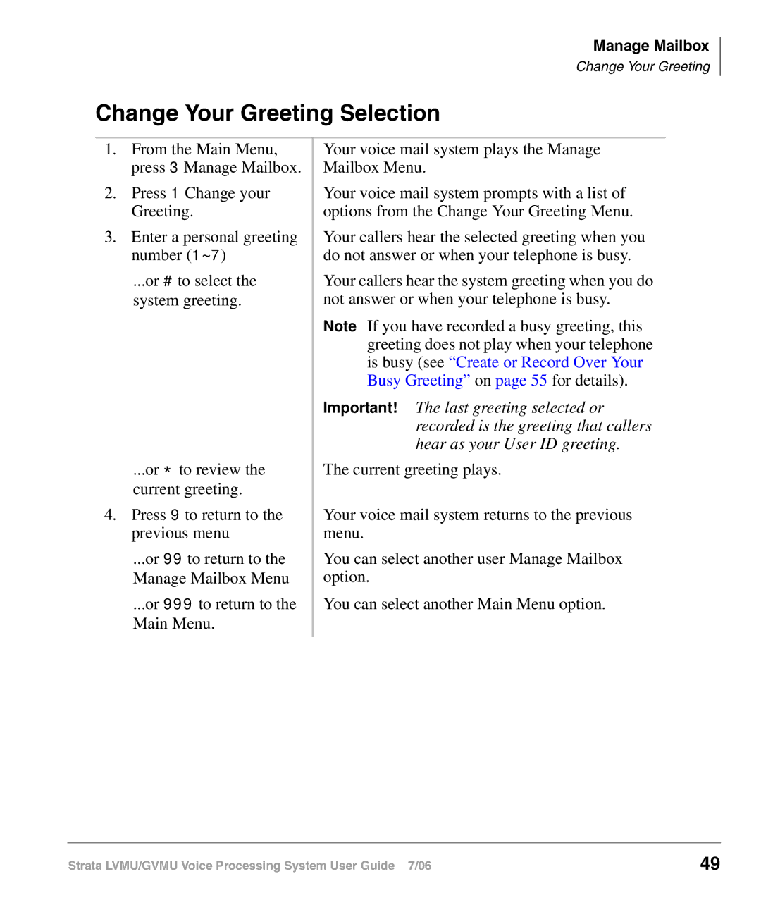 Toshiba GVMU/LVMU manual Change Your Greeting Selection 