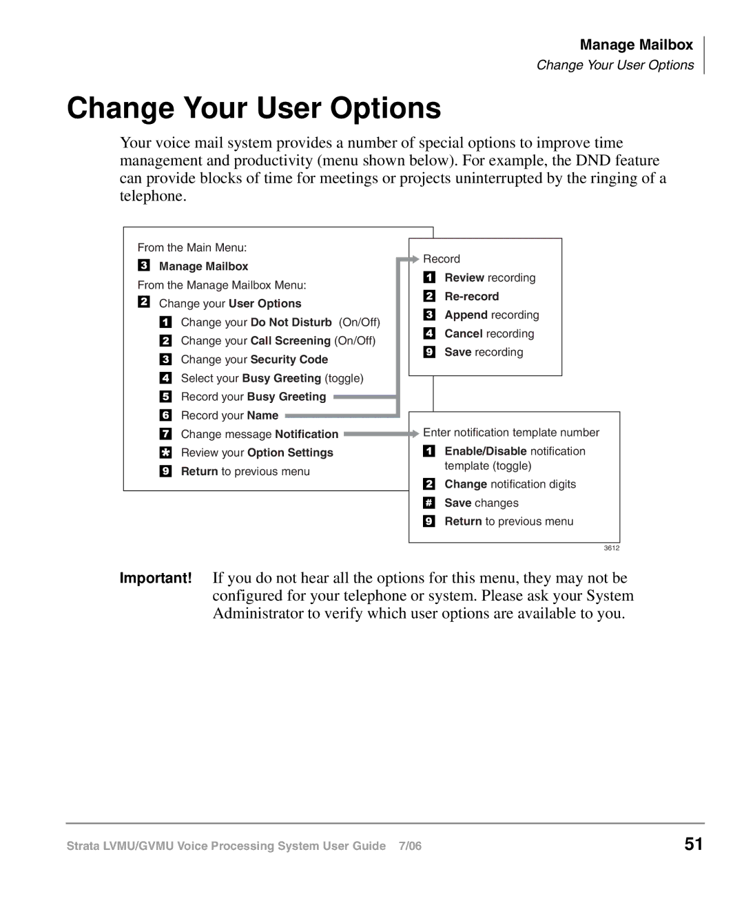 Toshiba GVMU/LVMU manual Change Your User Options, Manage Mailbox 