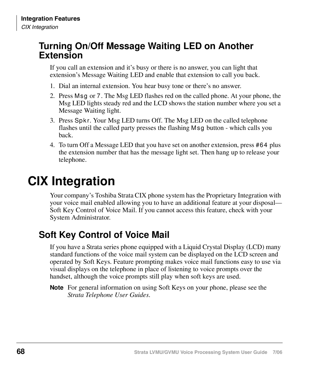 Toshiba GVMU/LVMU manual CIX Integration, Turning On/Off Message Waiting LED on Another Extension 