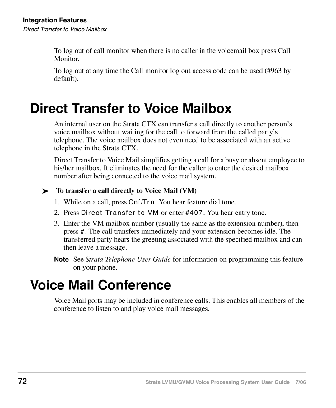 Toshiba GVMU/LVMU manual Direct Transfer to Voice Mailbox, Voice Mail Conference 